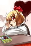  blonde_hair chocolate face finger_in_mouth finger_licking food hair_ribbon hands head_tilt licking phenne red_eyes ribbon rumia short_hair solo takenoko_no_sato_(food) thumb_sucking touhou 