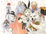  4boys akutsu_yoshiya animal_ears bunny_ears calendar_(medium) choker christopher_luckenbooth dark_skin dowth_moddey_dhoo_barguest dress edric_bran_clonmacnoise elbow_gloves gloves grim_hakkaku_capelthwaite hand_on_own_face hands_on_own_face highres japanese_clothes kimono leaning_forward multiple_boys multiple_girls new_year one_eye_closed orz osechi petunia_strawberrycandle skirt skirt_lift smile tasuki tees_finvarra tsubasa_no_oka_no_hime tuxedo vivian_wingfield wallpaper wolf 