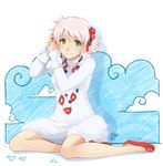  adjusting_hair bow cosplay dress emily_(meago) face gen_2_pokemon green_eyes hair_bow jewelry long_sleeves meago necklace original pokemon sitting slippers solo togetic togetic_(cosplay) white_hair 