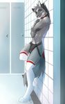 bulge canine collar commission erection jockstrap locker_room looking_at_viewer male penis peritian skimpy socks solo standing tail thigh_highs underwear wolf 