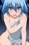  angry bed_sheet blue_eyes blue_hair blush body_blush bow cirno commentary_request covering covering_breasts covering_crotch hair_bow hayashi_custom naked_sheet nude nude_cover open_mouth sheet_grab solo touhou 