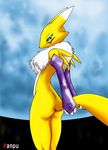  back blue_eyes breasts canine claws digimon female fox gloves looking_at_viewer over_the_shoulder panpu renamon soft solo standing tail yellow 