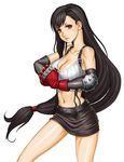  bare_shoulders black_hair breasts cleavage elbow_gloves female final_fantasy final_fantasy_vii fingerless_gloves gloves long_hair midriff miniskirt pikodomo red_eyes simple_background skirt solo suspenders tifa_lockhart white_background 