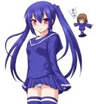  blue_hair blue_legwear blush brown_hair chibi chibi_inset cosplay hayashiya_zankurou highres hirasawa_yui imaichi_moenai_ko imaichi_moenai_ko_(cosplay) k-on! kobe_shinbun multiple_girls nakano_azusa panties red_eyes short_hair skirt sleeves_past_wrists striped striped_panties thighhighs twintails underwear 