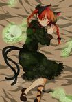 absurdres animal_ears bad_id bad_pixiv_id braid cat_ears cat_tail chiri_(o9o9) extra_ears highres kaenbyou_rin lying mary_janes multiple_tails no_socks on_side red_eyes red_hair shoes short_hair solo tail touhou twin_braids twintails 