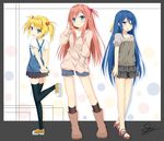  arms_behind_back bangs blonde_hair blue_eyes blue_hair boots casual full_body hair_bobbles hair_ornament hand_in_hair hand_in_pocket highres kudou_naka long_hair long_sleeves looking_at_viewer multiple_girls one_side_up original pink_hair pleated_skirt sandals short_hair shorts skirt sky_(freedom) smile standing standing_on_one_leg sweater terada_motoko thighhighs twintails ueno_kyouko 