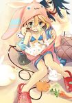  animal_ears blonde_hair blue_eyes blue_hair bow breasts bunny bunny_ears bunnysuit candy carrot collar crocs food hat hood hoodie large_breasts leash lettuce long_hair multiple_girls musical_note nail_polish non-web_source original pantyhose striped striped_swimsuit swimsuit yoshii_dan zipper 