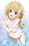  blonde_hair blush bra charlotte_dunois covering covering_breasts highres infinite_stratos legs lingerie long_hair mokke_(mokke99) navel open_mouth panties purple_eyes scared solo strap_slip tears underwear underwear_only wide-eyed 