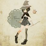  bad_id bad_pixiv_id black_hair blush capelet cloak green_eyes hat loose_thighhigh mizutamako pixiv_fantasia pixiv_fantasia_5 short_hair single_thighhigh solo thighhighs wand witch_hat 