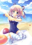  absurdres ball beach beachball blue_eyes copyright_request day highres izumi_tsubasu one-piece_swimsuit pink_hair school_swimsuit solo striped striped_legwear swimsuit thighhighs undressing 