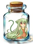  3d against_glass ahoge alternate_hairstyle animal_ears ascot bottle brown_eyes cat_ears cat_tail chibi child green_hair in_bottle in_container kazami_yuuka kemonomimi_mode long_hair plaid plaid_skirt plaid_vest shii_(cocoa) simple_background skirt skirt_set solo tail touhou very_long_hair vest 