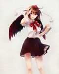  bow brown_eyes brown_hair buttons dress_shirt hat looking_at_viewer munya notepad open_mouth pen red_eyes shameimaru_aya shirt short_hair skirt smile solo tokin_hat touhou wings 