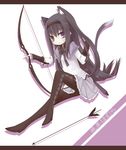  akemi_homura animal_ears arrow black_hair bow_(weapon) cat_ears cat_tail hair_flip kemonomimi_mode letterboxed long_hair magical_girl mahou_shoujo_madoka_magica pantyhose purple_eyes shadow simple_background sitting solo tail weapon yamino_haruka 