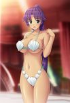  asuka_(dream_c_club_zero) bikini breasts dark_skin dream_c_club dream_c_club_(series) dream_c_club_zero green_eyes large_breasts long_hair nak_yama ponytail purple_hair shell shell_bikini shiny shiny_skin side-tie_bikini swimsuit 