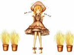  aki_minoriko amanojaku anklet bad_id bad_pixiv_id barefoot blonde_hair closed_eyes food full_body hat jewelry musical_note onigiri paw_pose plant potted_plant short_hair simple_background solo touhou 