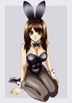  animal_ears brown_eyes brown_hair bunny_ears bunnysuit kneeling long_hair miki_(akibin66) original pantyhose solo 