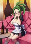  apron blush bottle breasts cleavage coupe50 covered_nipples dream_c_club dream_c_club_(series) glasses green_hair large_breasts mio_(dream_c_club) ponytail red_eyes sitting solo table tears waitress white_legwear 
