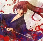  armor himura_kenshin japanese_armor japanese_clothes katana kimono kote male_focus mizu_no ponytail purple_eyes red_hair rurouni_kenshin samurai scar solo sword weapon 