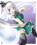  black_hairband black_legwear bob_cut dual_wielding face ghost hairband holding katana konpaku_youmu konpaku_youmu_(ghost) onsoku_maru short_hair silver_hair solo sword thighhighs touhou weapon 