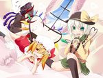  aqua_eyes asymmetrical_wings bed black_hair black_legwear blonde_hair curtains eyeball flandre_scarlet green_eyes hair_up hat heart heart_hands heart_of_string heart_wings houjuu_nue kneehighs komeiji_koishi lying multiple_girls on_stomach red_eyes sesield short_hair side_ponytail silver_hair sitting stage_connection thighhighs touhou white_hair white_legwear window wings 