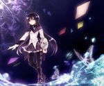  akemi_homura bad_id bad_pixiv_id black_hair bug butterfly flower flying_paper hairband insect long_hair magical_girl mahou_shoujo_madoka_magica outstretched_arm pantyhose paper purple_eyes shield solo unabara_misumi underwear 