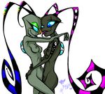  alien antennae blue_eyes breasts butt claws female green hug hyenakay invader_zim lesbian looking_at_viewer navel nipples nude one_eye_closed piercing pussy scar smirk tattoo teasing tongue xeno 