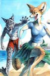  beach canine chasing feline female fennec fox glasses grin happy hibbary lynx male midriff playful running seaside shorts 