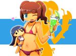  bikini blue_eyes blue_hair blush brown_hair character_doll drinking_straw fingernails flat_chest food fruit glass heart ice_cream ice_cream_float idolmaster idolmaster_(classic) kisaragi_chihaya long_hair melon melon_soda nail_polish navel one_eye_closed open_mouth short_hair side-tie_bikini smile solo string_bikini stuffed_toy swimsuit takatsuki_yayoi twintails yuutousei 