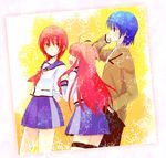  2girls angel_beats! blue_eyes blue_hair closed_eyes hinata_(angel_beats!) iwasawa long_hair mochizuki_mina multiple_girls pink_hair red_eyes red_hair school_uniform serafuku short_hair sleeves_rolled_up yui_(angel_beats!) 