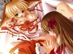  animal_ears blonde_hair blue_eyes blush breasts brown_hair canine cunnilingus female fox foxgirl green_eyes hair hentai kemonomimi kitsunemimi lesbian licking long_blonde_hair long_brown_hair long_hair oral oral_sex pussy ribbons sex tears tongue unknown_artist 