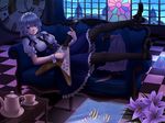  bad_id bad_pixiv_id black_legwear blue_eyes braid couch flower guitar instrument izayoi_sakuya knife maid maid_headdress mochi.f pantyhose short_hair silver_hair solo touhou twin_braids 