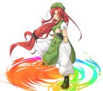  alternate_eye_color bad_id bad_pixiv_id braid clenched_hands fighting_stance frown full_body hado hat highres hong_meiling long_hair magic pants rainbow red_eyes red_hair shoes sidelocks simple_background solo touhou very_long_hair wrist_cuffs 