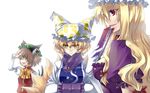  animal_ears blonde_hair breasts cat_ears cat_tail chen cleavage earrings esythqua fan fox_tail gloves hands_in_opposite_sleeves hat highres jewelry medium_breasts multiple_girls multiple_tails nekomata red_eyes shading_eyes simple_background tail touhou upper_body white_gloves yakumo_ran yakumo_yukari yellow_eyes 