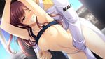  1boy 1girl armpits artemis_blue asami_asami blush breasts brown_hair clenched_teeth clothed_sex collarbone drooling fingering game_cg long_hair navel nipple_teasing nipple_tweak nipples pussy_juice saliva sex sweat tagme_(character) tajima_haru tears teeth wet wince 