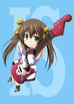  bare_shoulders boots brown_hair green_eyes guitar hair_ribbon huang_lingyin infinite_stratos instrument k-on! long_hair parody ribbon smile solo twintails 