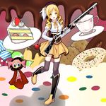  :o beret blonde_hair boots brown_legwear cake charlotte_(madoka_magica) cherry chocolate cookie cup detached_sleeves doughnut drill_hair fingerless_gloves food fruit gloves gun hair_ornament hairpin happy hat long_hair magical_girl magical_musket mahou_shoujo_madoka_magica open_mouth ornate plate pleated_skirt pudding puffy_sleeves ribbon rifle setona_(daice) skirt slice_of_cake sprinkles standing standing_on_one_leg strawberry strawberry_shortcake striped striped_legwear teacup thighhighs tomoe_mami twin_drills twintails vertical-striped_legwear vertical_stripes weapon witch's_labyrinth yellow_eyes zettai_ryouiki 