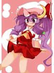  cosplay crescent flandre_scarlet flandre_scarlet_(cosplay) hat long_hair panties pantyshot patchouli_knowledge purple_eyes purple_hair shirogane_(platinum) solo touhou underwear 