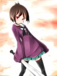  a_channel baseball_bat black_hair black_legwear blush highres humangate ichii_tooru red_eyes school_uniform serafuku short_hair skirt sleeves_past_fingers sleeves_past_wrists solo sweater thighhighs zettai_ryouiki 