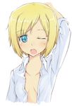  blonde_hair blue_eyes erica_hartmann one_eye_closed open_clothes open_mouth open_shirt portrait scratching_head shinashi_(elside) shirt short_hair simple_background sleeves_rolled_up solo strike_witches tears upper_body white_shirt world_witches_series yawning 