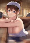  1girl arm_rest bangs blue_eyes blush breasts brown_hair cleavage closed_mouth cup drinking_straw eyebrows_visible_through_hair hair_bun idolmaster idolmaster_million_live! idolmaster_million_live!_theater_days kamille_(vcx68) large_breasts looking_at_viewer naked_towel onsen partially_submerged satake_minako smile solo steam towel towel_on_head water wet 