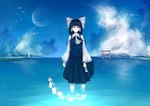  alternate_color black_hair blue blue_sky bow gohei hair_bow hakurei_reimu hanamuke light_smile moon ofuda sky solo standing torii touhou wading water white_sleeves 