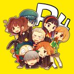  4girls amagi_yukiko black_eyes black_hair black_legwear blue_eyes blue_hair blush brown_eyes brown_hair chibi closed_eyes dogpile grey_hair hairband hanamura_yousuke hat heart kujikawa_rise kuma_(persona_4) long_hair long_sleeves lowres multiple_boys multiple_girls narukami_yuu one_eye_closed open_mouth persona persona_4 satonaka_chie scar school_uniform serafuku shirogane_naoto short_hair skirt sweatdrop tatsumi_kanji tayako thighhighs 