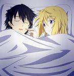  1girl bed blonde_hair blue_hair charlotte_dunois closed_eyes couple hetero infinite_stratos open_mouth orimura_ichika poking purple_eyes ribonzu short_hair sleeping smile 