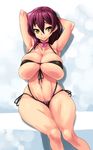  arms_up bikini breasts curvy deep_skin duplicate huge_breasts nekomamire purple_hair skindentation smile yellow_eyes 