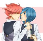  2boys blue_eyes blue_hair blush bow bowtie closed_eyes corn_(pokemon) eyes_closed hair_over_one_eye incipient_kiss kiss male male_focus multiple_boys notepad open_mouth pod_(pokemon) pokemon pokemon_(game) pokemon_black_and_white pokemon_bw red_hair short_hair shy surprise surprised waiter yaoi 