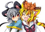  :&lt; :3 :d ^_^ ahoge animal_ears blonde_hair blush brown_hair capelet closed_eyes eromame fang grey_hair happy kemonomimi_mode mouse_ears mouse_tail multicolored_hair multiple_girls nazrin open_mouth red_eyes short_hair simple_background smile tail tiger_ears tiger_tail toramaru_shou touhou two-tone_hair upper_body 
