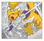  all_fours blue_eyes breasts canine chest_tuft claws cum digimon dk_luis elbow_gloves face_markings female fox from_behind holding_tail male markings raised_tail renamon saliva straight tail tears yellow 
