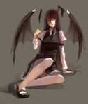  arm_support bad_id bad_pixiv_id breasts demon_wings full_body head_wings high_heels koakuma large_breasts long_hair long_legs mary_janes necktie open_mouth panties red_eyes shirt shoes simple_background sitting solo thighhighs touhou underwear vest white_legwear white_panties white_shirt wings yasumo_(kuusouorbital) 