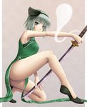  adapted_costume ass bad_id bad_pixiv_id bangs black_hairband blue_eyes blunt_bangs bob_cut breasts china_dress chinese_clothes dress ghost hairband katana konpaku_youmu konpaku_youmu_(ghost) legs mochi.f no_socks short_hair side_slit silver_hair solo sword thighs touhou weapon 