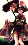  :p animal_ears brown_hair clothes_lift inaba_tewi japanese_clothes kimono kimono_lift kuronuko_neero legs mallet pink_eyes short_hair solo tongue tongue_out touhou 